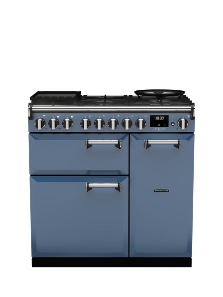 Rangemaster Leckford Deluxe 90cm Dual Fuel Range Cooker with Gas Hob, Stone Blue
