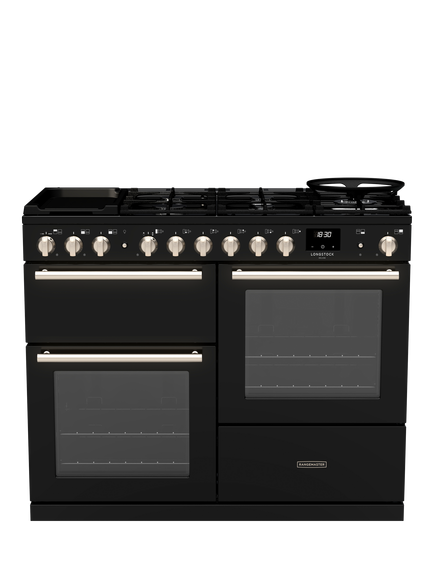Rangemaster Longstock Deluxe 110cm Dual Fuel Range Cooker with Gas Hob, Black