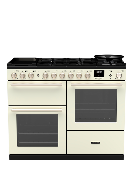 Rangemaster Longstock Deluxe 110cm Dual Fuel Range Cooker with Gas Hob, Ivory