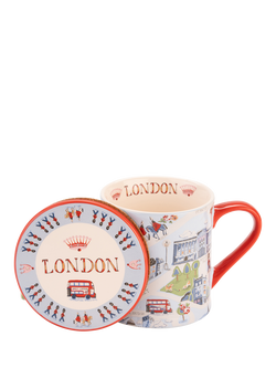 Cath Kidston London Stoneware Mug & Coaster, 275ml, Red/Multi, Red Multi Red