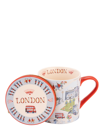 Cath Kidston London Stoneware Mug & Coaster, 275ml, Red/Multi, Red Multi Red