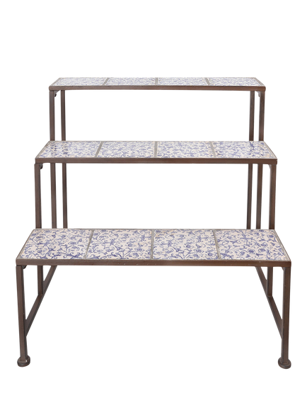 Fallen Fruits Chinoiserie Ceramic Tile 3 Step Etagere Plant Stand, Blue - view 2, Blue