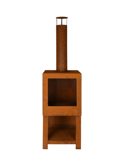 Fallen Fruits Square Chiminea Firepit with Log Store, Rust, Rust