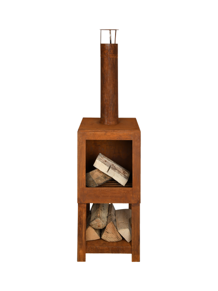 Fallen Fruits Square Chiminea Firepit with Log Store, Rust - view 2, Rust