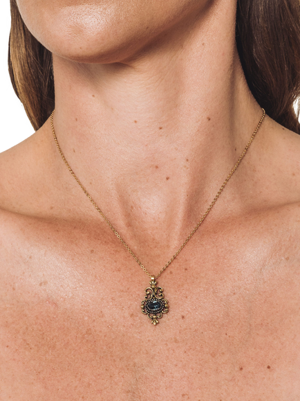 Pre-loved Faceted Stone Filigree Necklace, Gold/Blue - view 2, Gold/Blue