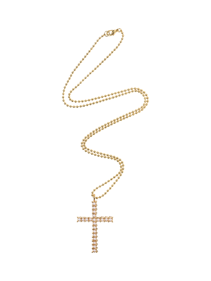 Pre-loved Ball Chain Pearl Cross Pendant, Gold, Gold