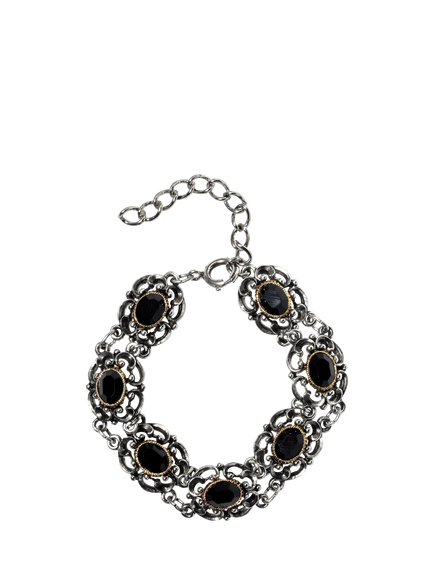 Pre-loved Faceted Stone Filigree Bracelet, Silver/Black, Silver/Black