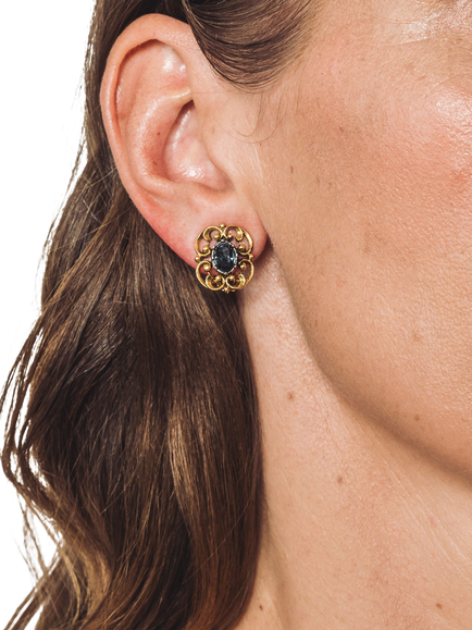 Pre-loved Faceted Stone Filigree Clip On Earrings, Gold/Blue - view 2, Gold/Blue