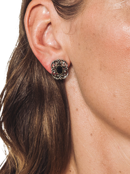 Pre-loved Filigree Clip On Earrings, Silver/Black - view 2, Silver/Black