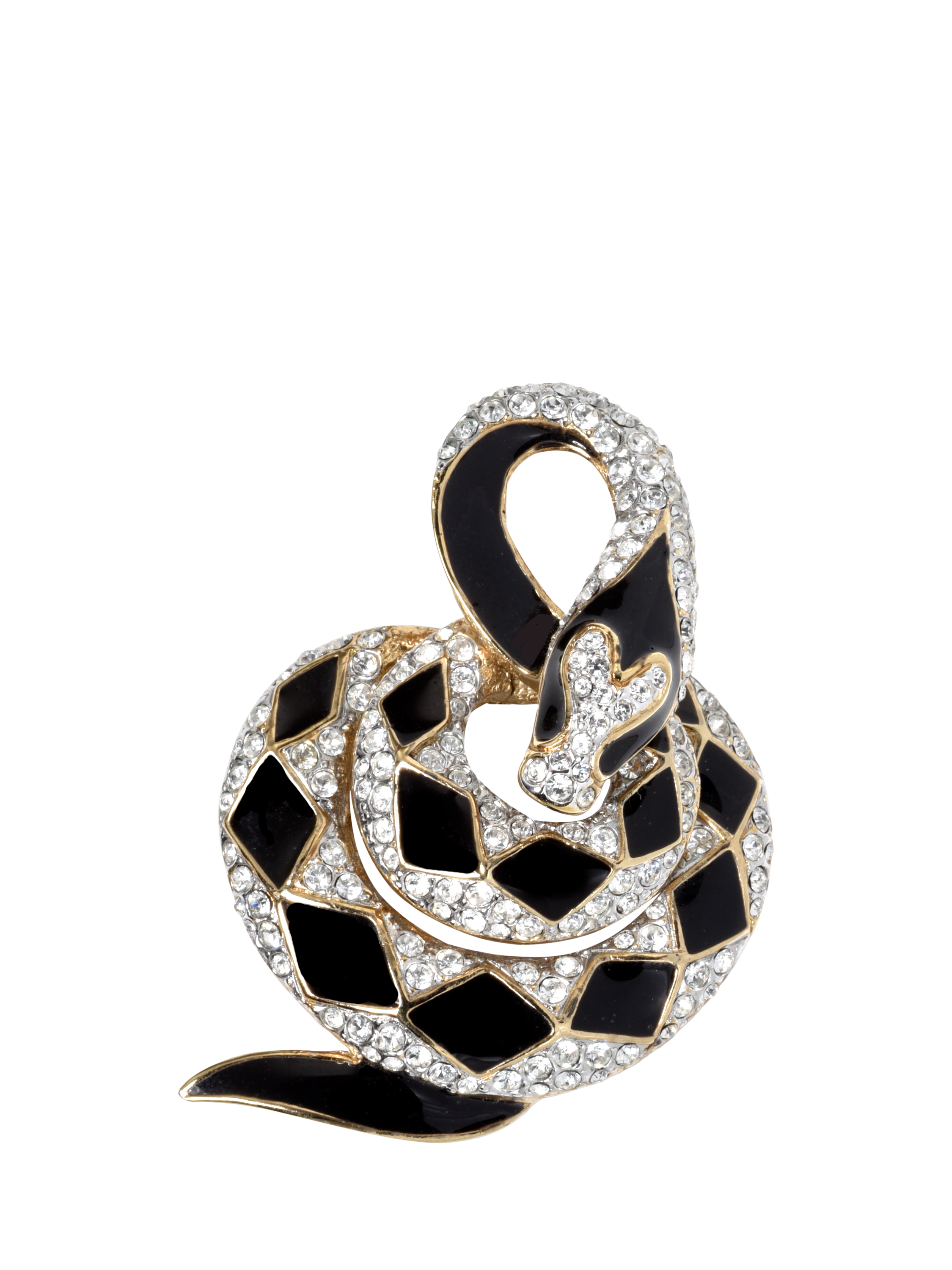 Product image 1 of 2, which shows Pre-loved Swarovski Crystal Coiled Snake Brooch, Black/Gold