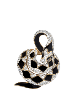 Pre-loved Swarovski Crystal Coiled Snake Brooch, Black/Gold, Black/Gold