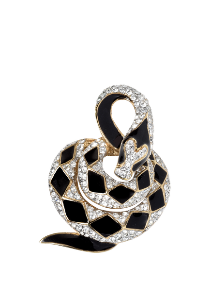 Pre-loved Swarovski Crystal Coiled Snake Brooch, Black/Gold, Black/Gold