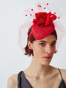 John Lewis Ambrose Beret Fascinator with Veil, Red