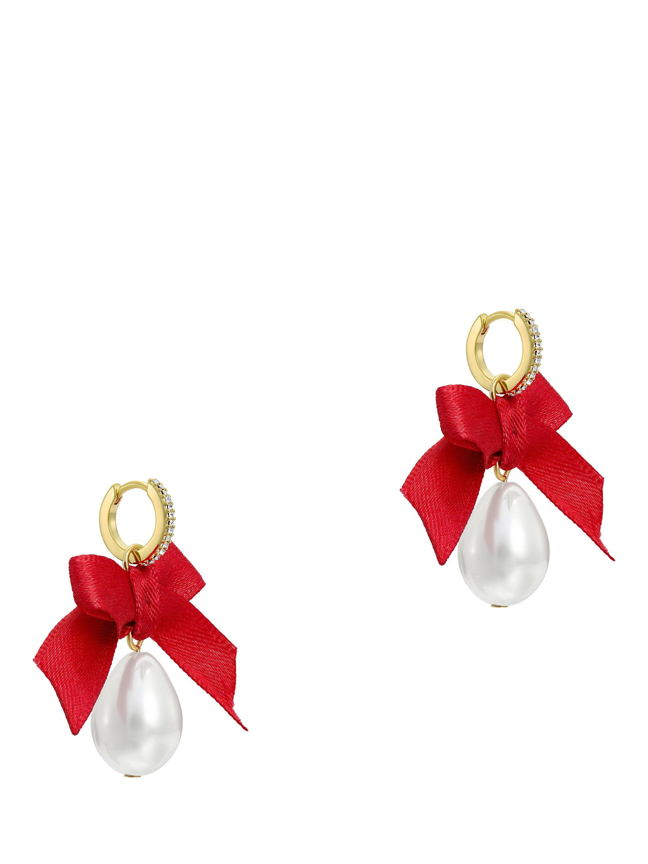 Product image 1 of 6, which shows Ted Baker Riyya Ribbon Bow Pearl Drop Huggie Earrings, Gold/Ruby
