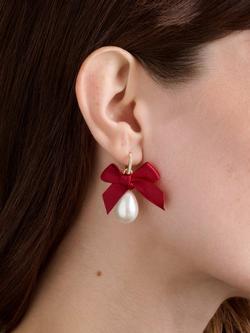 Ted Baker Riyya Ribbon Bow Pearl Drop Huggie Earrings, Gold/Ruby - view 2, Gold/Ruby