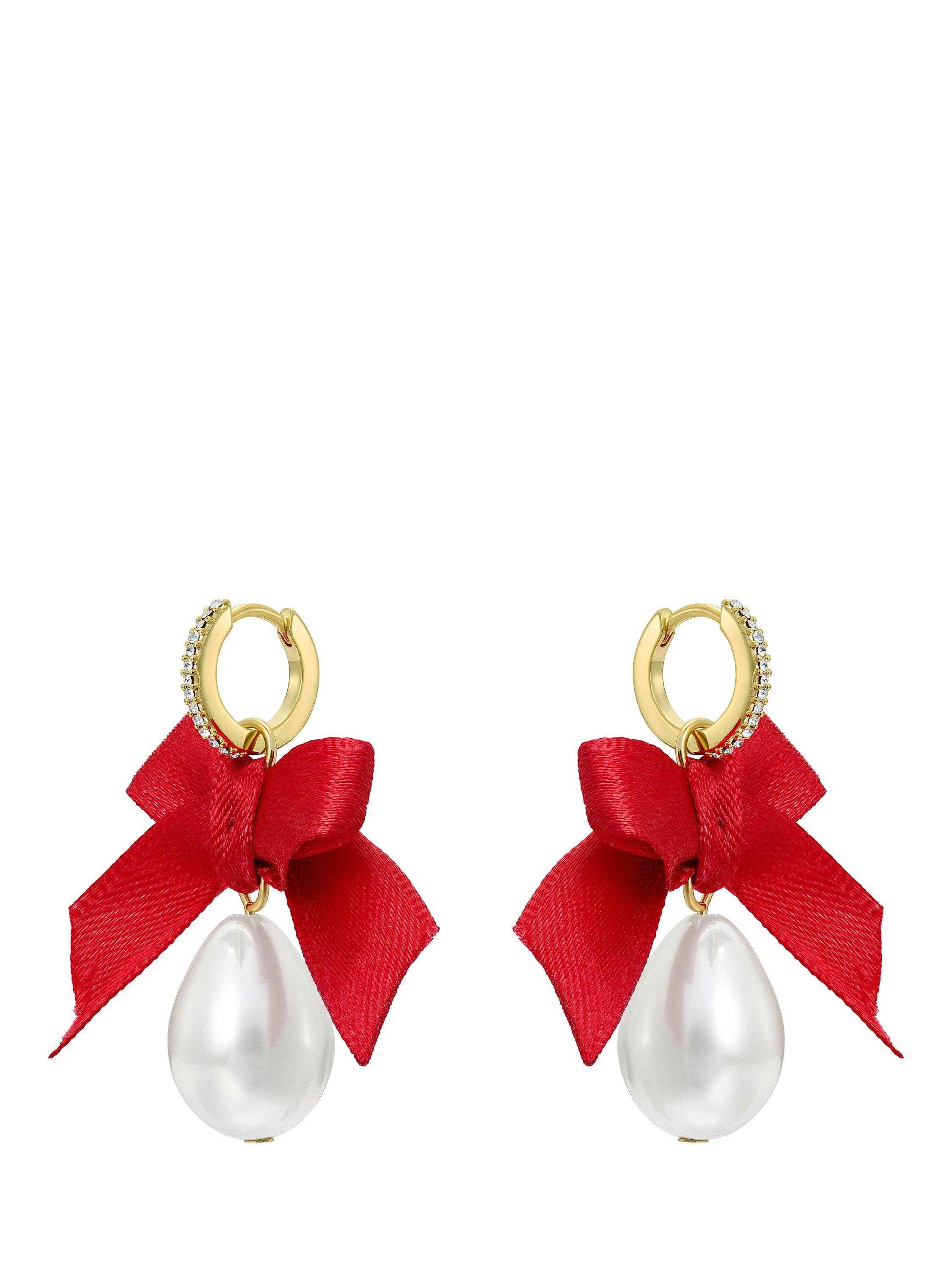 Product image 3 of 6, which shows Ted Baker Riyya Ribbon Bow Pearl Drop Huggie Earrings, Gold/Ruby