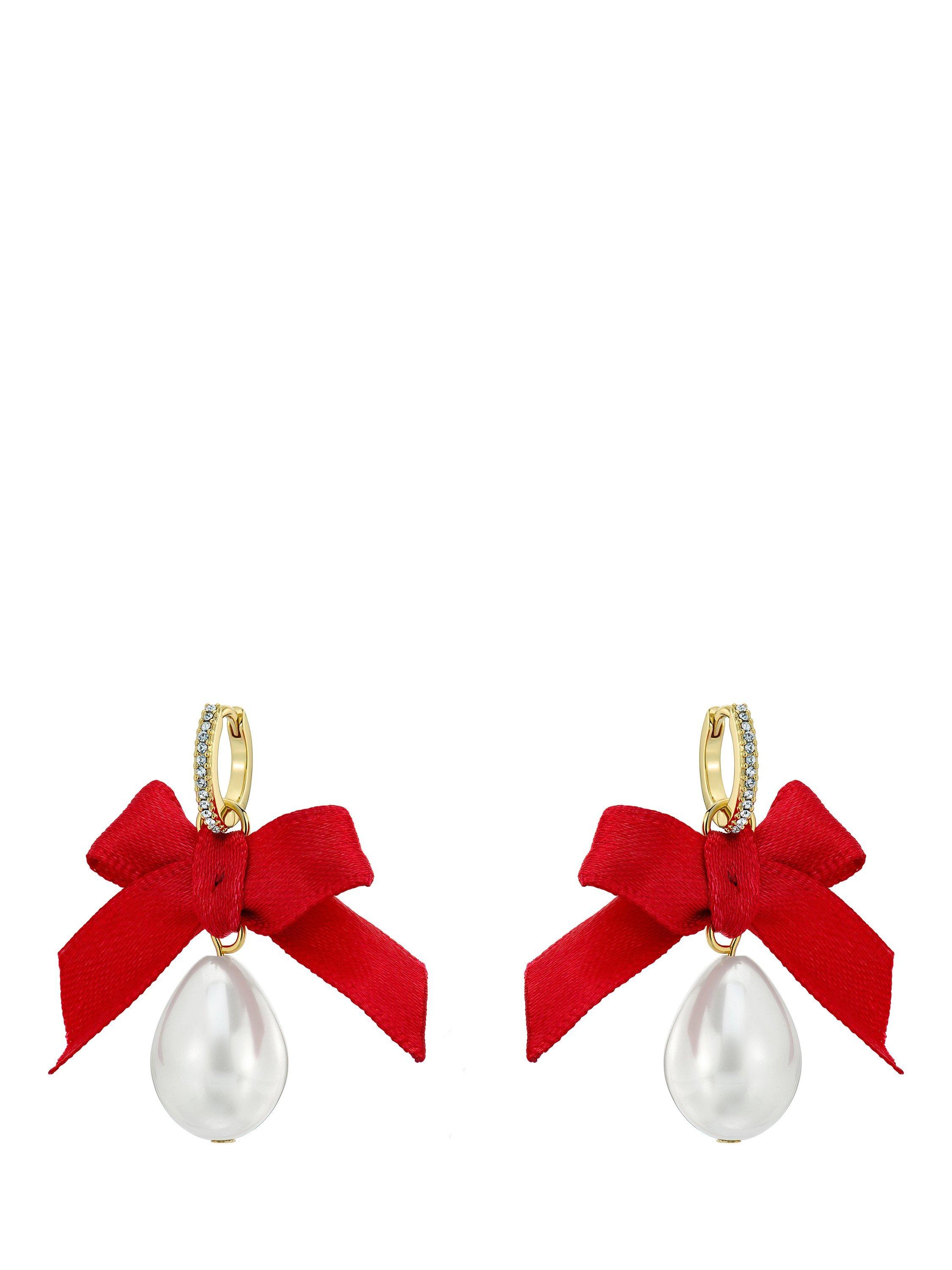 Product image 5 of 6, which shows Ted Baker Riyya Ribbon Bow Pearl Drop Huggie Earrings, Gold/Ruby