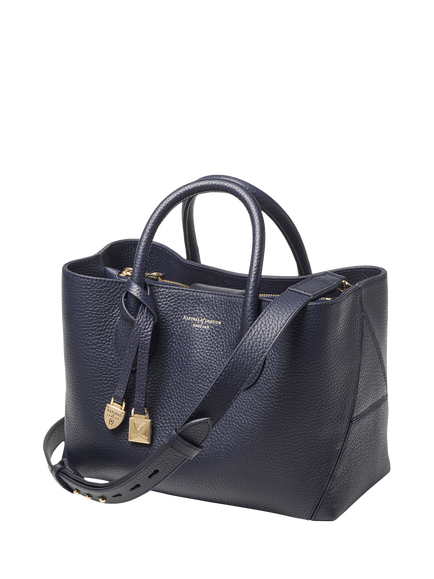 Aspinal of London Midi London Leather Tote Bag, Navy - view 2, Navy