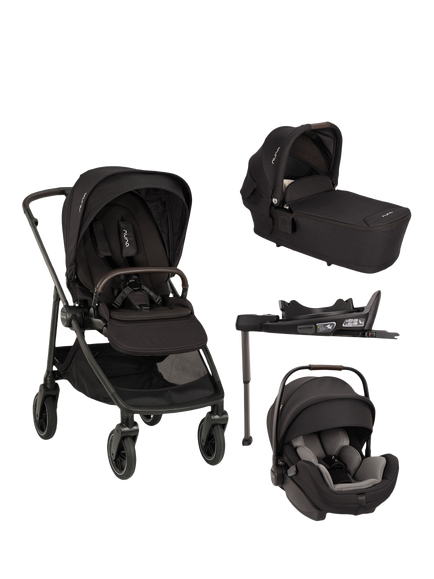 Nuna SWIV Pushchair, LYTL Carrycot, ARRA Flex Car Seat and BASE Curv with Accessories Bundle, Caviar, Caviar