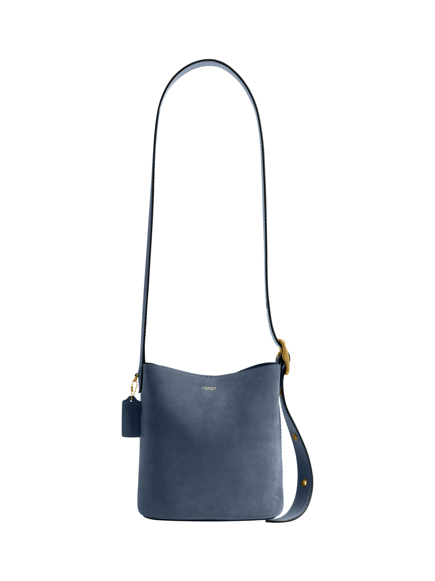 Product image 1 of 6, which shows Coach Bleecker Suede Bucket Bag, Light Denim