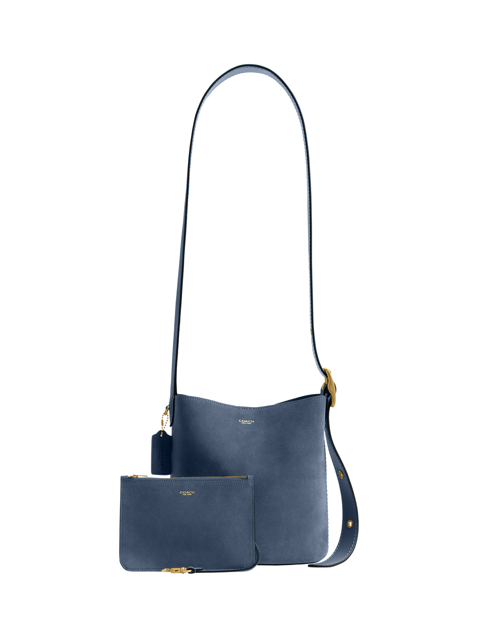 Product image 3 of 6, which shows Coach Bleecker Suede Bucket Bag, Light Denim