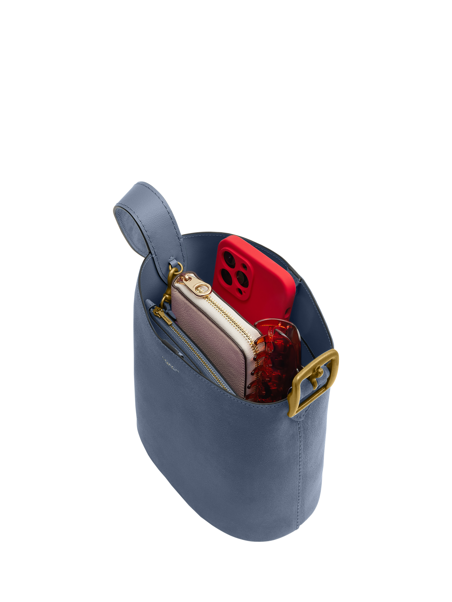 Product image 5 of 6, which shows Coach Bleecker Suede Bucket Bag, Light Denim