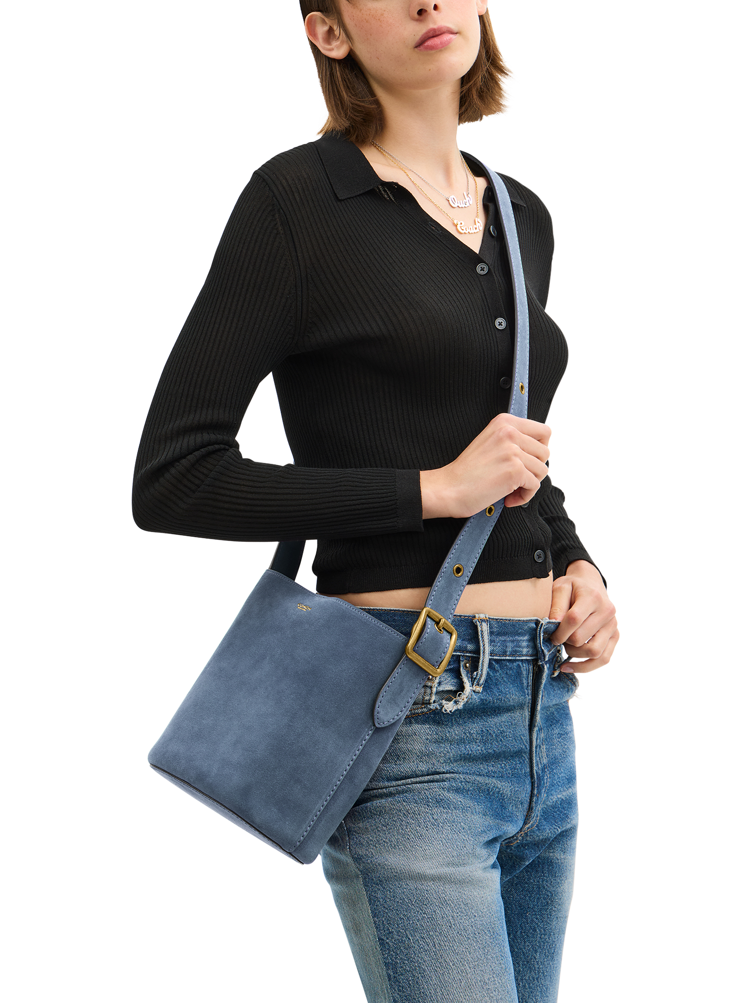 Product image 2 of 6, which shows Coach Bleecker Suede Bucket Bag, Light Denim