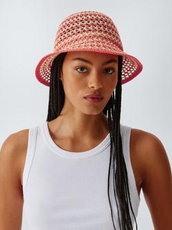 John Lewis Crochet Stripe Bucket Hat, Coral
