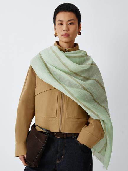 John Lewis Stripe Linen Blend Scarf, Pale Blue/Green