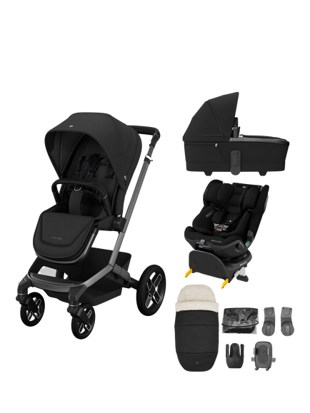 Maxi-Cosi Fame Pushchair, Carrycot, Emerald 360 Pro Car Seat & Accessories Bundle, Black, Black