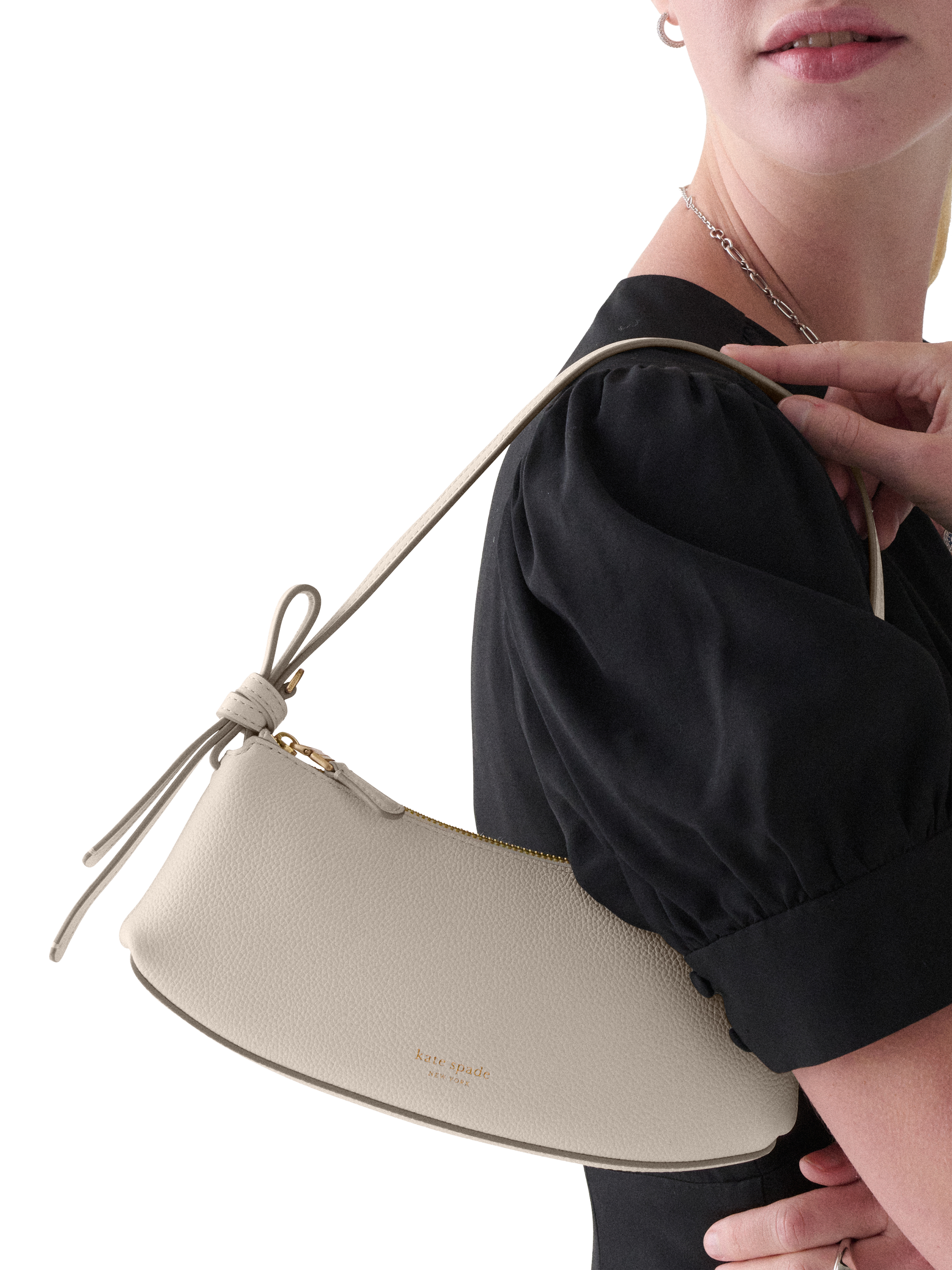 Product image 2 of 3, which shows kate spade new york Loop Leather Pochette, Cashew Milk