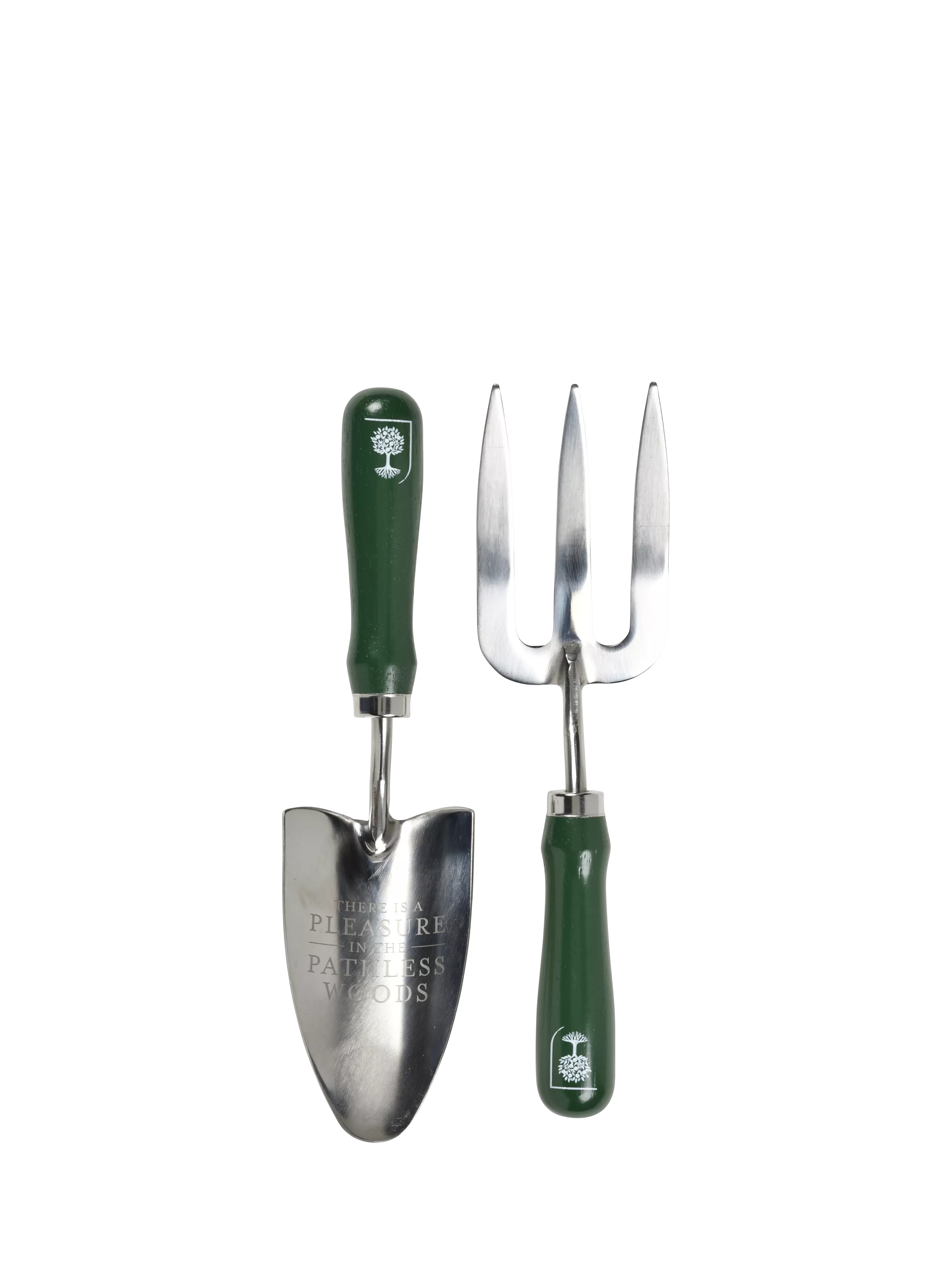 Stainless steel garden trowel and hand fork with green handles, ideal tools for planting and weeding