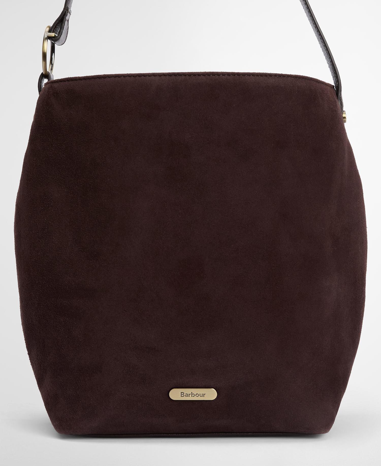 Product image 1 of 5, which shows Barbour Cedar Suede Bucket Bag, Dark Brown