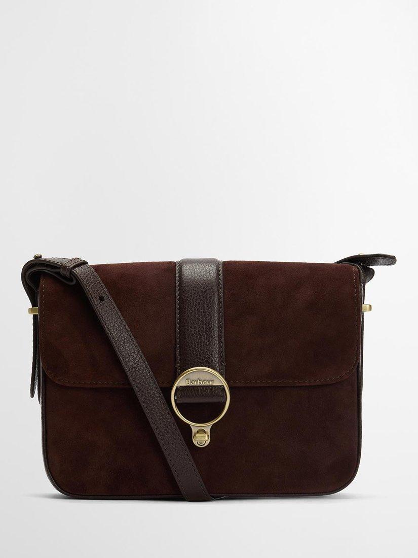Product image 1 of 8, which shows Barbour Rosa Suede & Leather Crossbody Bag, Dark Brown