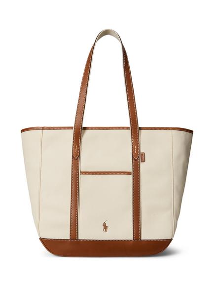 Polo Ralph Lauren Leather and Canvas Medium Shopper Tote Bag, Ecru/Cuoio, Ecru/Cuoio