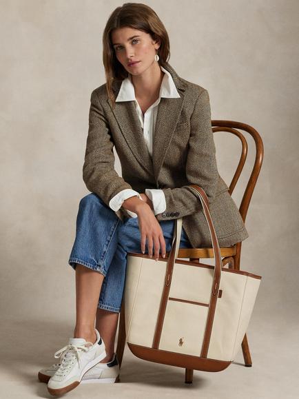 Polo Ralph Lauren Leather and Canvas Medium Shopper Tote Bag, Ecru/Cuoio - view 2, Ecru/Cuoio