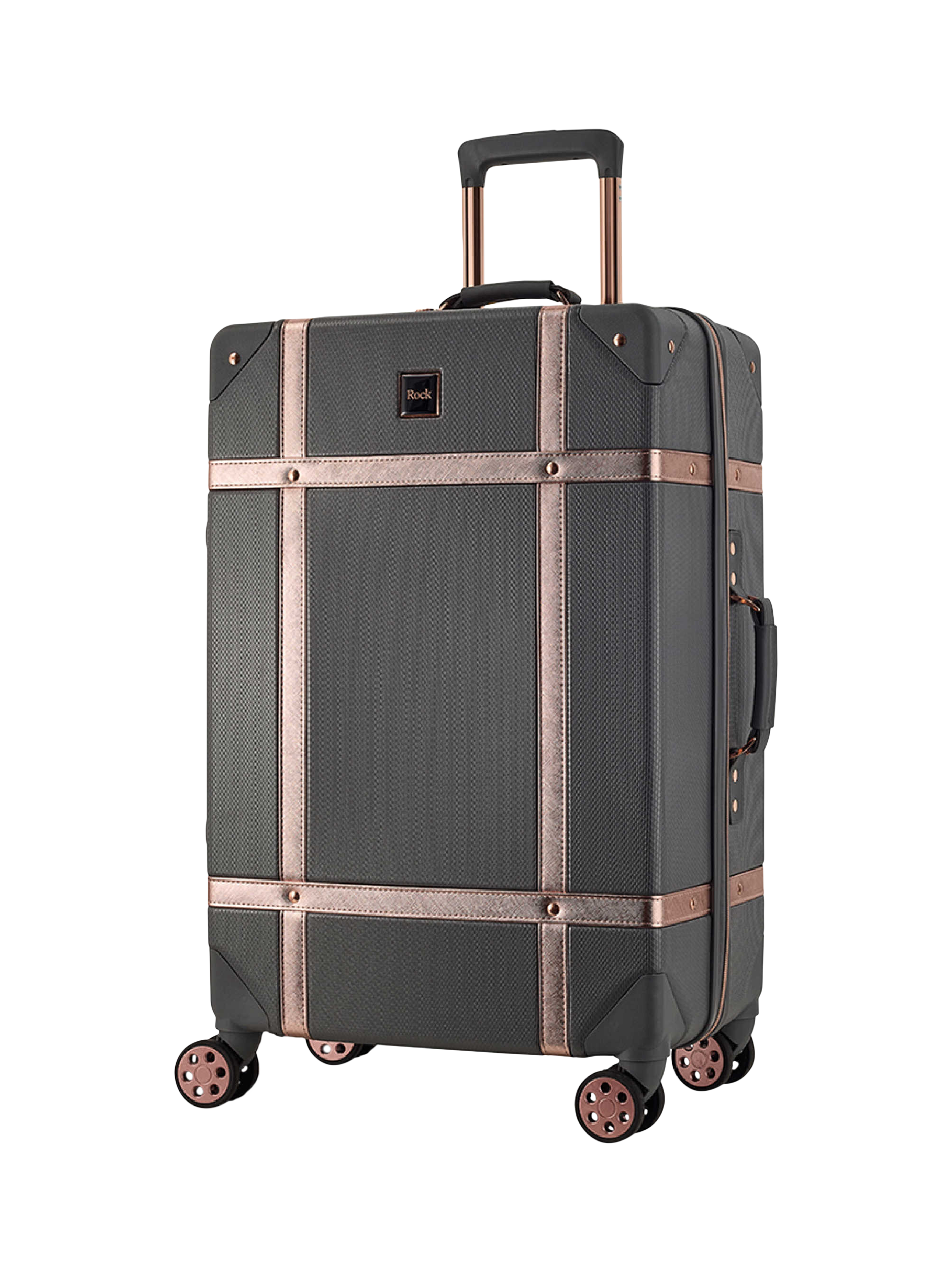 Rock Vintage 8-Wheel 68cm Medium Suitcase, Charcoal/Rose Gold
