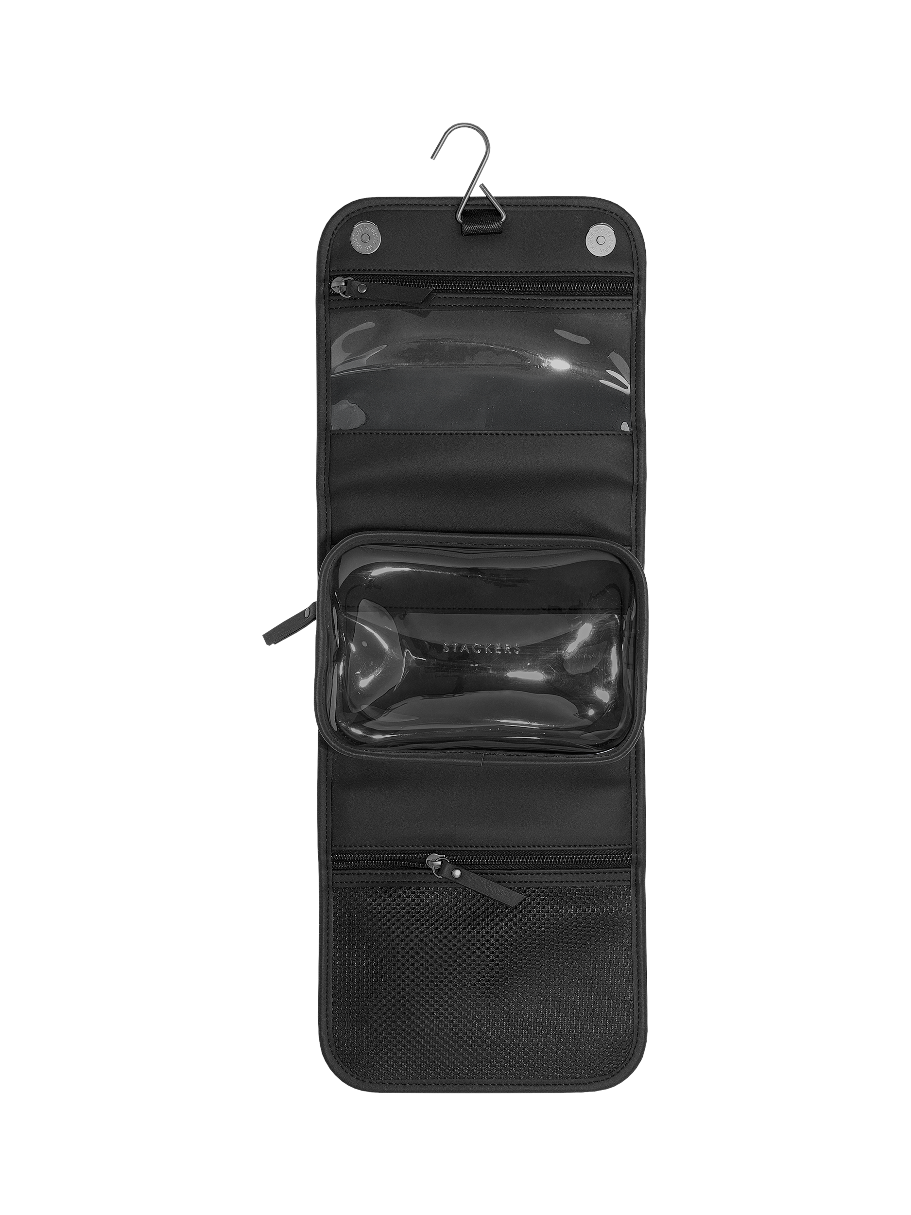 Product image 1 of 4, which shows Stackers Fluted Travel Hanging Wash Bag, Black Fluted