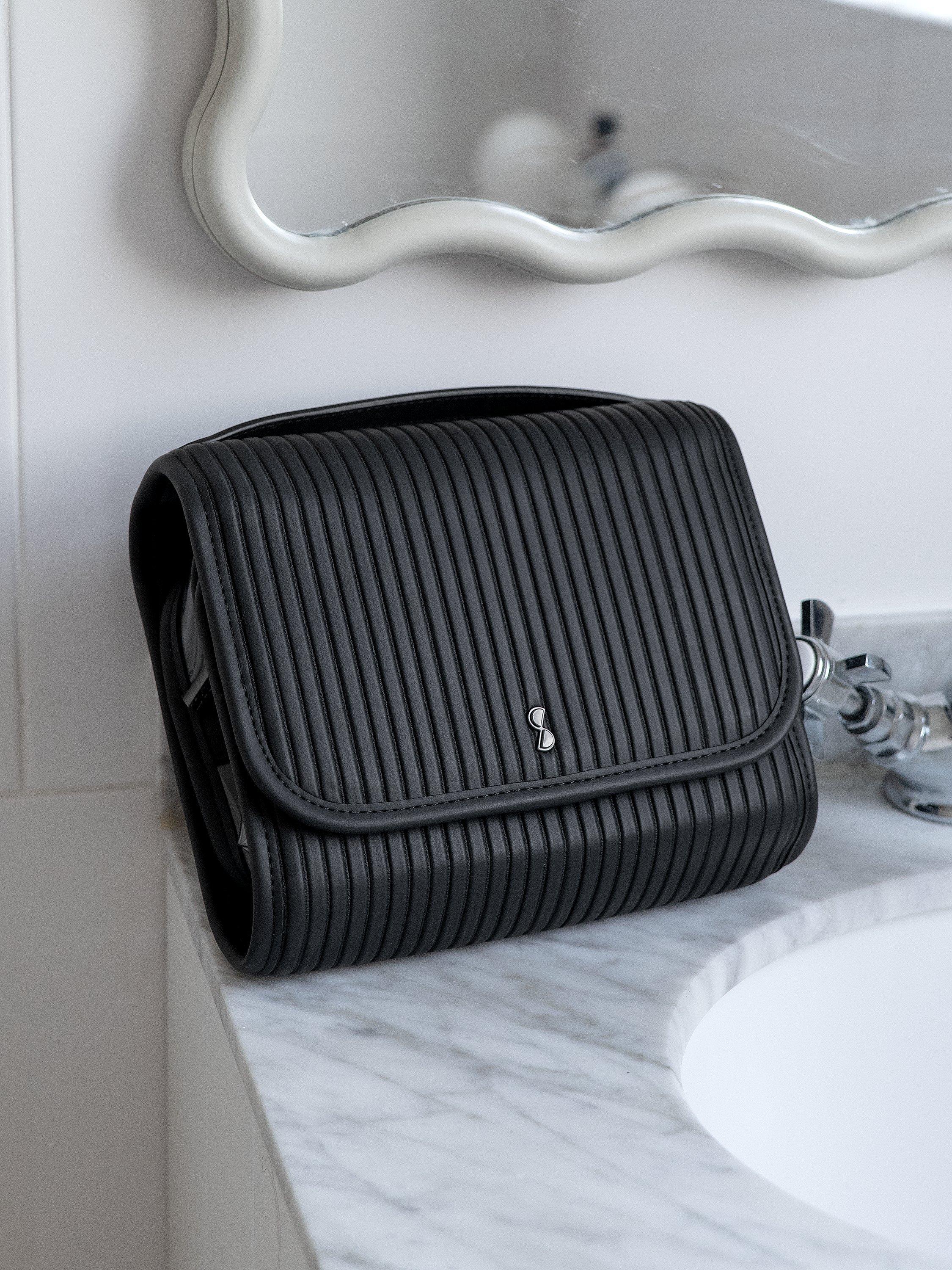 Product image 2 of 4, which shows Stackers Fluted Travel Hanging Wash Bag, Black Fluted