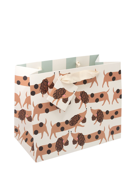 Caroline Gardner Sausage Dogs Gift Bag, White And Brown, Medium, White And Brown