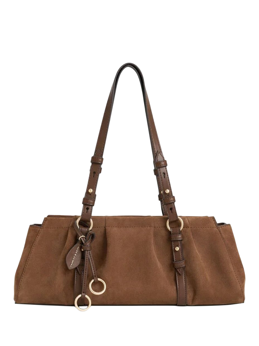 Product image 1 of 6, which shows CHARLES & KEITH Britton Suede Shoulder Bag, Mocha Brown