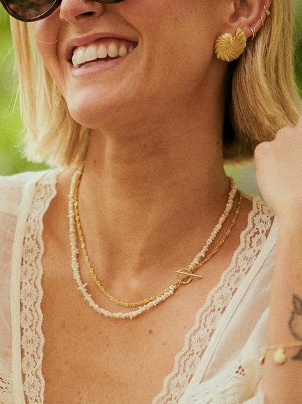 Daisy London Daisy x Polly Newman Pearl T-Bar Necklace, Yellow Gold - view 2, Yellow Gold