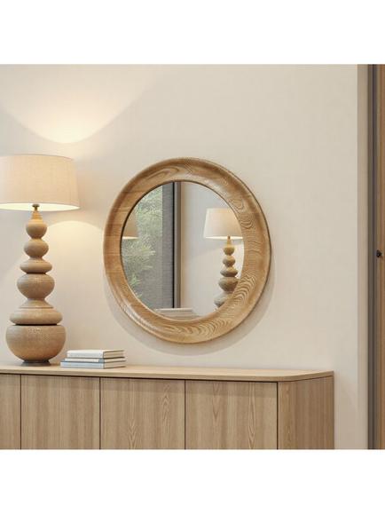 Yearn Ashby Round Oak Wood Wall Mirror, 80cm, Natural, Natural