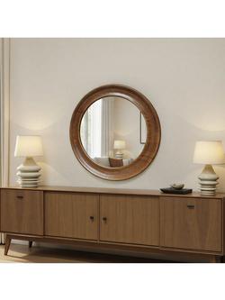 Yearn Ashby Round Oak Wood Wall Mirror, 80cm, Walnut, Walnut