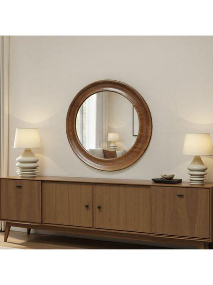 Yearn Ashby Round Oak Wood Wall Mirror, 80cm, Walnut, Walnut