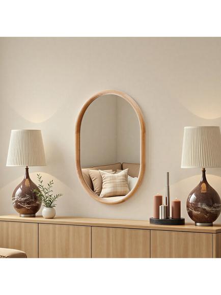 Yearn Quebec Solid Oak Wood Oval Wall Mirror, 80 x 60cm, Natural