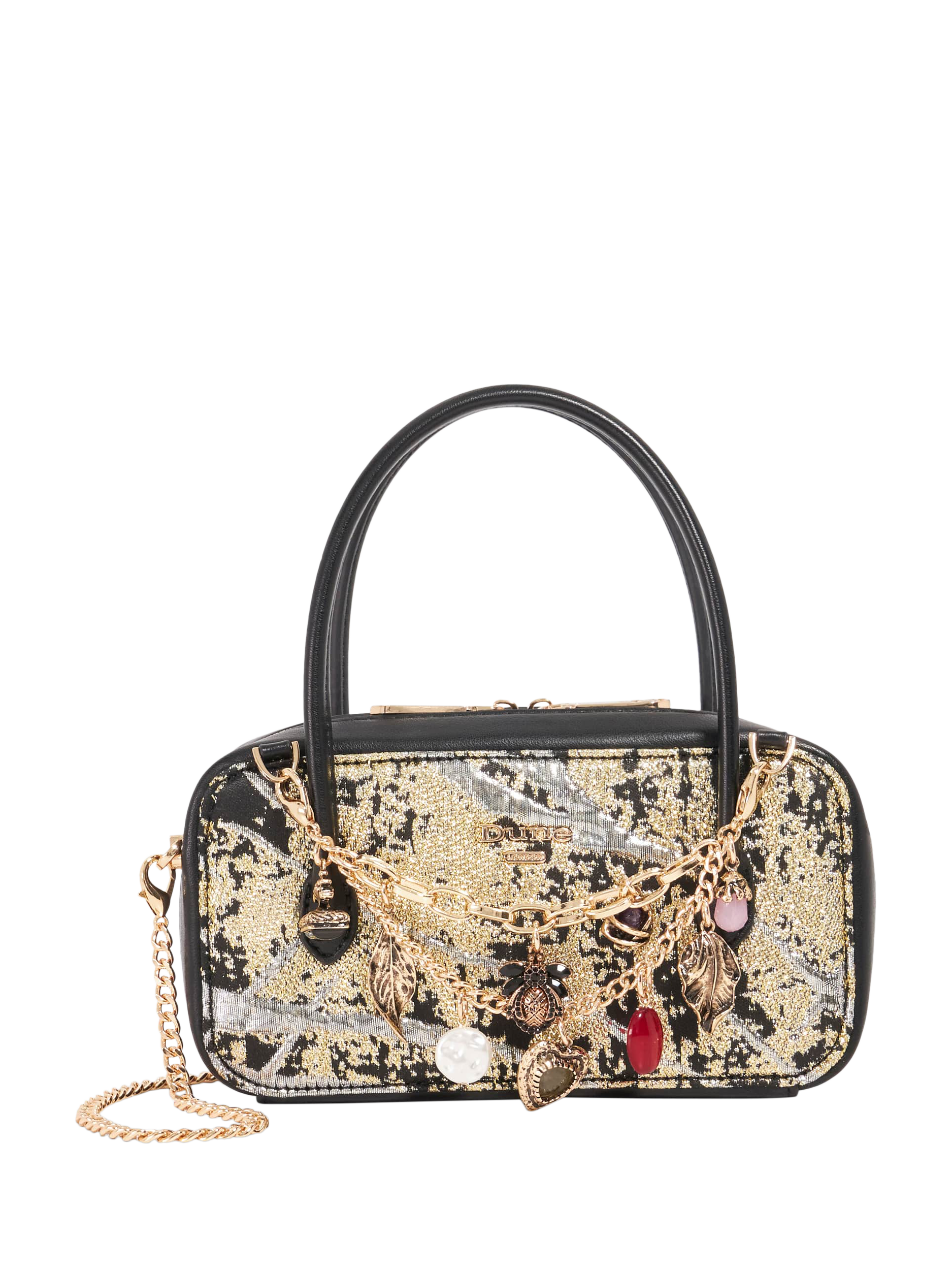 Product image 1 of 5, which shows Dune London Song Charm Chain Bag, Black