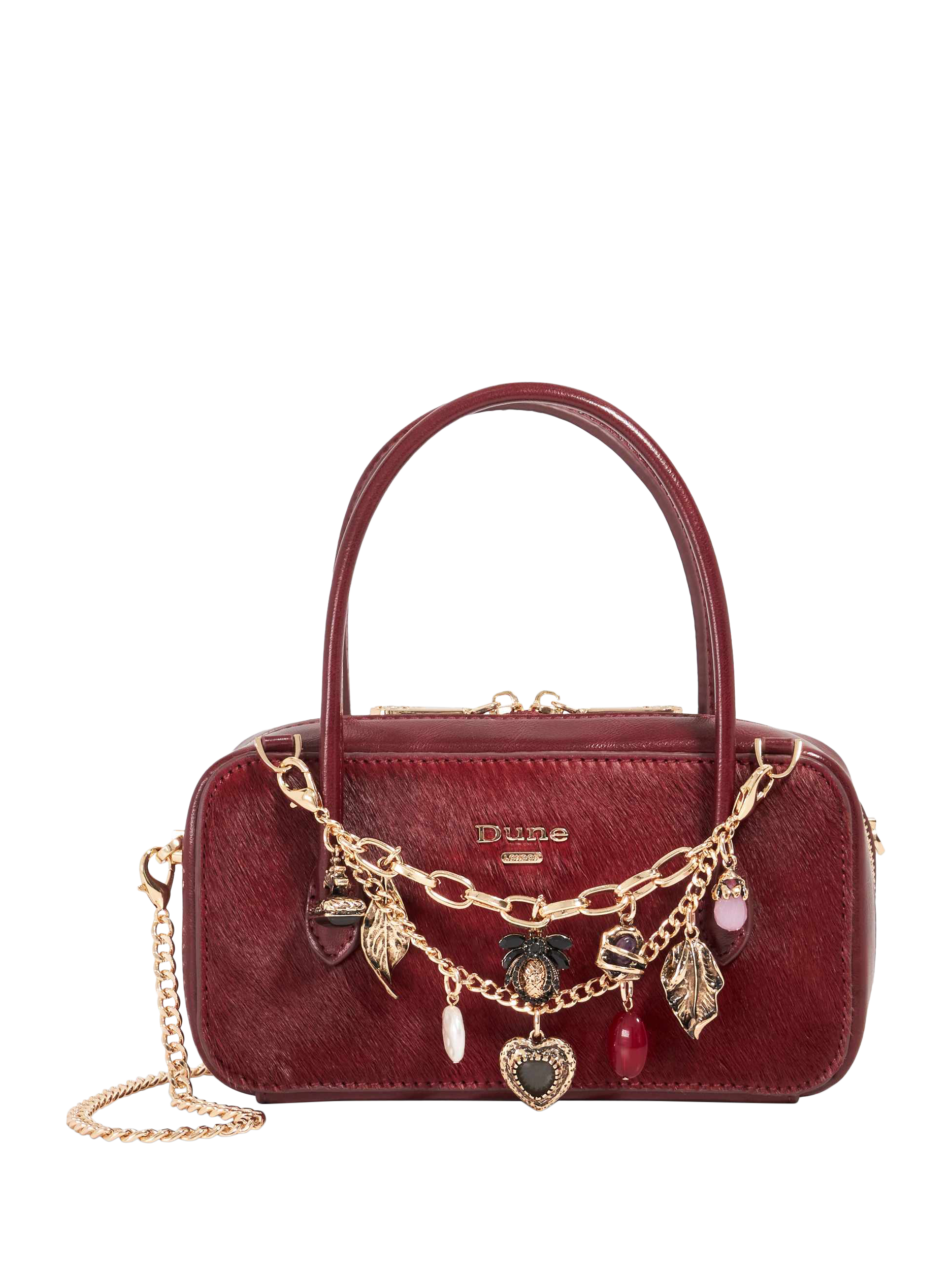 Product image 1 of 5, which shows Dune London Pony Effect Leather Charm Chain Bag, Red