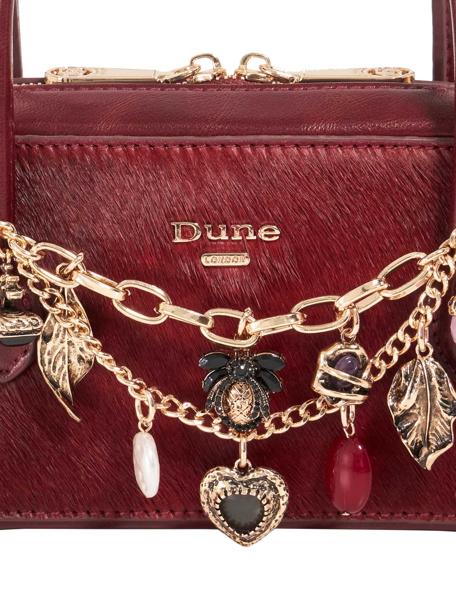 Product image 5 of 5, which shows Dune London Pony Effect Leather Charm Chain Bag, Red