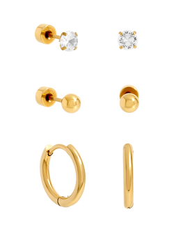 Jon Richard Waterproof Basic Earrings, Pack of 3, Gold, Gold